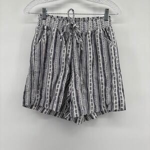 HANNAH Womens Medium‎ Black/Navy Stripe Smocked Waist Drawstring Linen Blend